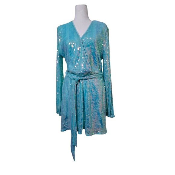 Bardot Dresses & Skirts - Bardot Blue Sequin V Neck Dress Size 12 Large Wrap Dress